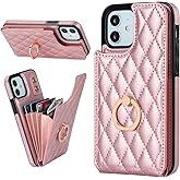 Folosu Compatible with iPhone 12 iPhone 12 Pro Case Wallet with Card Holder, 360°Rotation Finger Ring Holder Kickstand RFID Blocking PU Leather Double Buttons Flip Shockproof 6.1 Inch Rose Gold