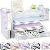 gianotter Desk Organizers and Accessories with File Holder, 4-Tier Desk Accessories & Workspace Organizers with Drawer and 2 Pen Holder, Paper Organizer for Office Supplies (White)