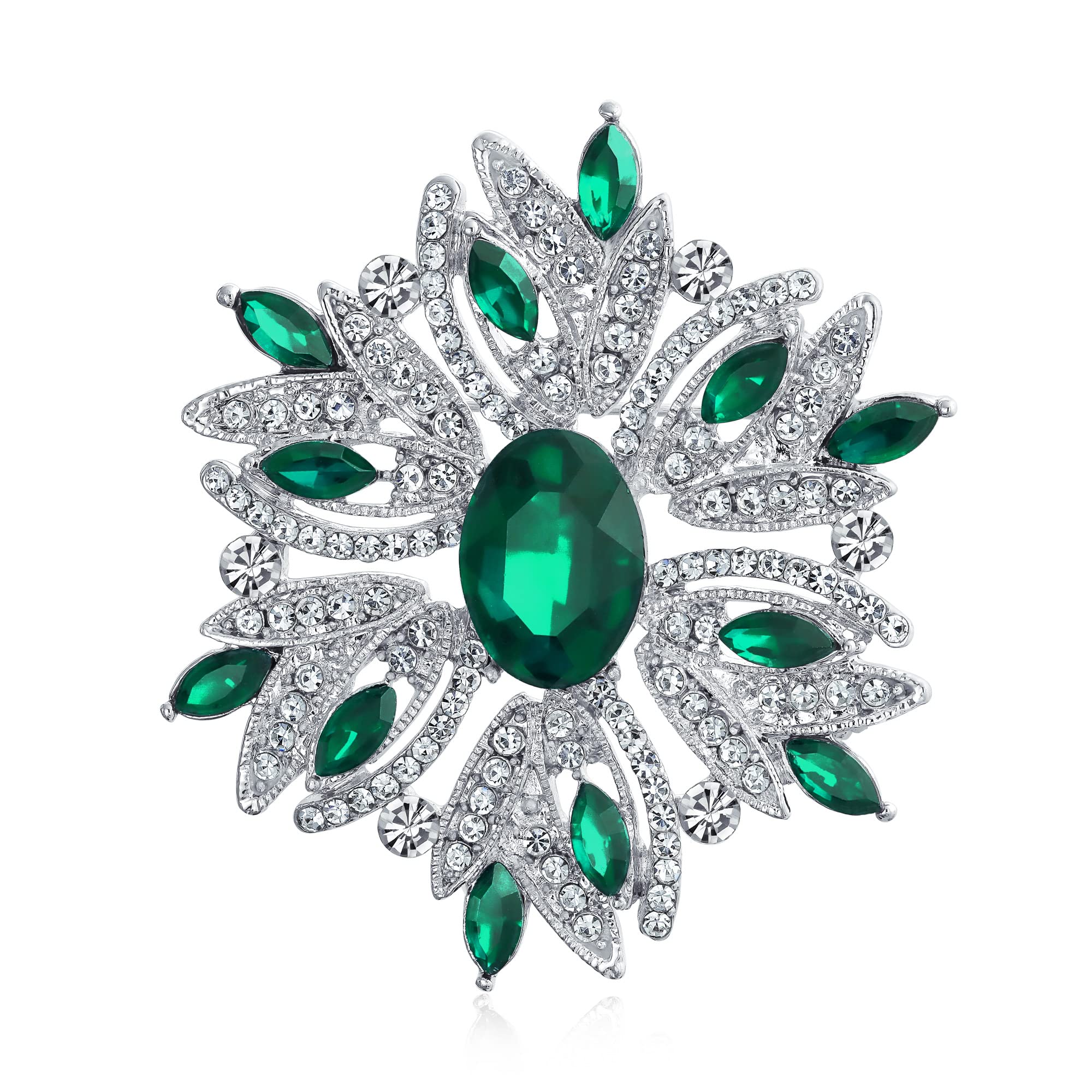 Large Statement Vintage Style Crystal Flower Simulated Emerald Green Crystal Brooch Pin For Women For Mother Silver Plated