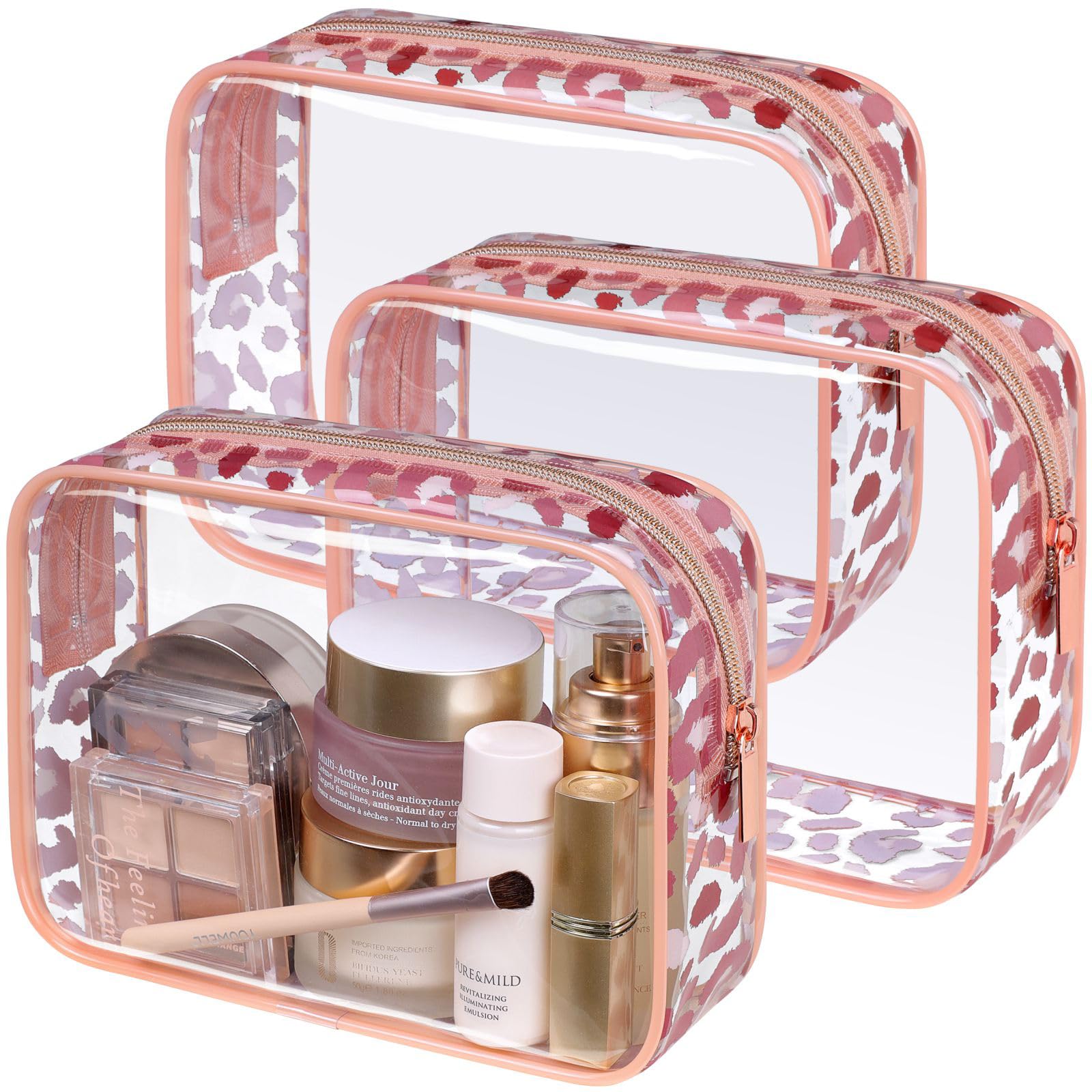 Photo 1 of PACKISM TSA Approved Toiletry Bag - Rose Gold Leopard Print Clear Makeup Bag, Suitable for Gifts, with Supporting Frame, Perfect for Travel Essentials, Thick No Smell