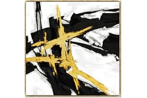 Ysjart - Gold Framed Black White and Gold Abstract Canvas Wall Art with Hand Painted Texture and Gold Foil, Modern Wall Decor for Living Room Bedroom - 30"x30"