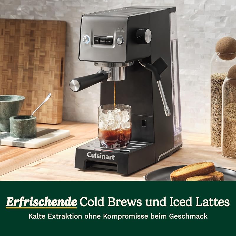 Slim Kaffeemaschine | Espresso, Americano, Cold Brew | Integrierter Milchaufschäumer | 15 Bar | Siebträger ohne Boden | kompakt | Reisebecher | 1,5L Tank, Edelstahl Slim