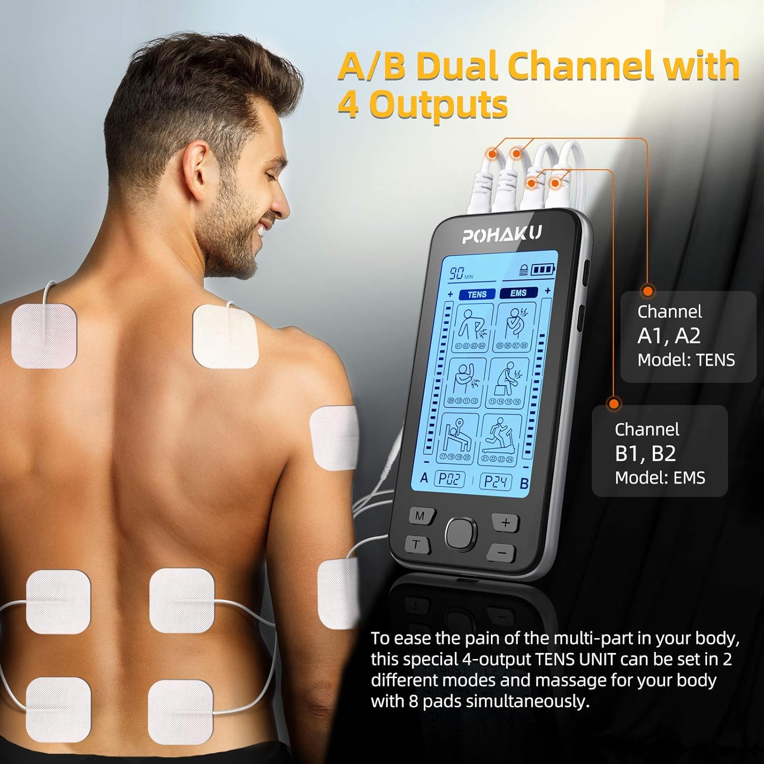 POHAKU 4 Outputs TENS Unit Muscle Stimulator for Pain Relief, Rechargeable TENS EMS Machine of Electric Stimulator Physical Therapy with 24 Modes, 10 Electrode Pads and Large LCD Screen: Health & Personal Care
