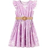 PATPAT Little Big Girls Dress Vintage Boho Floral Ruffle Short Sleeve Casual Swing Dress with Braided Belt