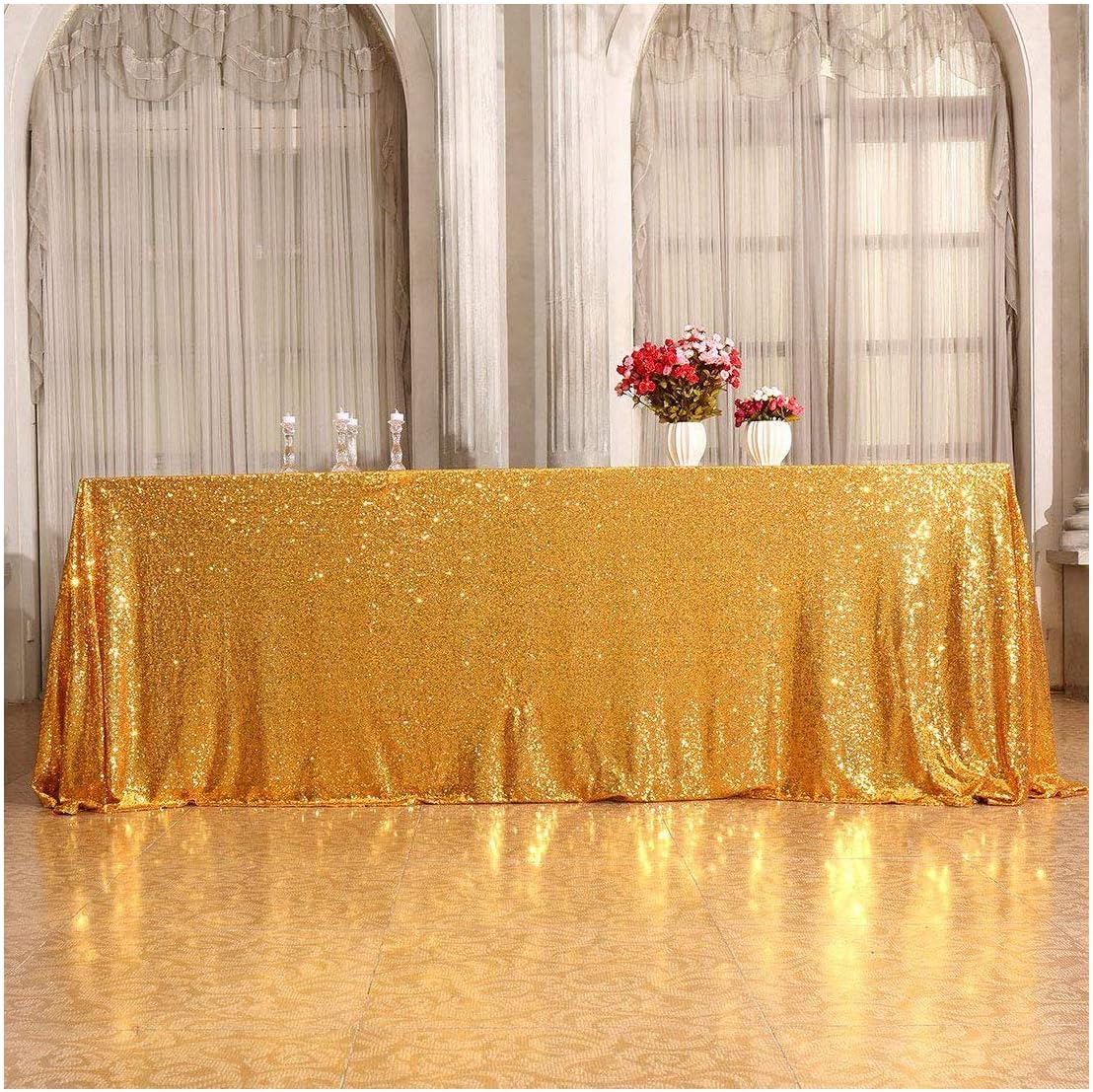 Poise3EHome 90×132'' Rectangle Sequin Tablecloth for Party Cake Dessert Table Exhibition Events, Gold