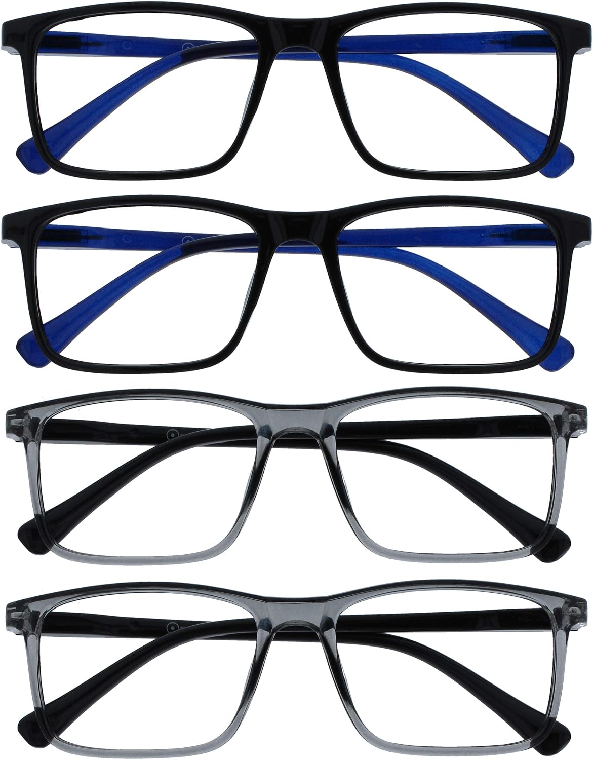 OPULIZE INK Reading Glasses, Value 4 Pack, Large Rectangular Frame, Spring Hinges, Scratch Resistant, Black Grey