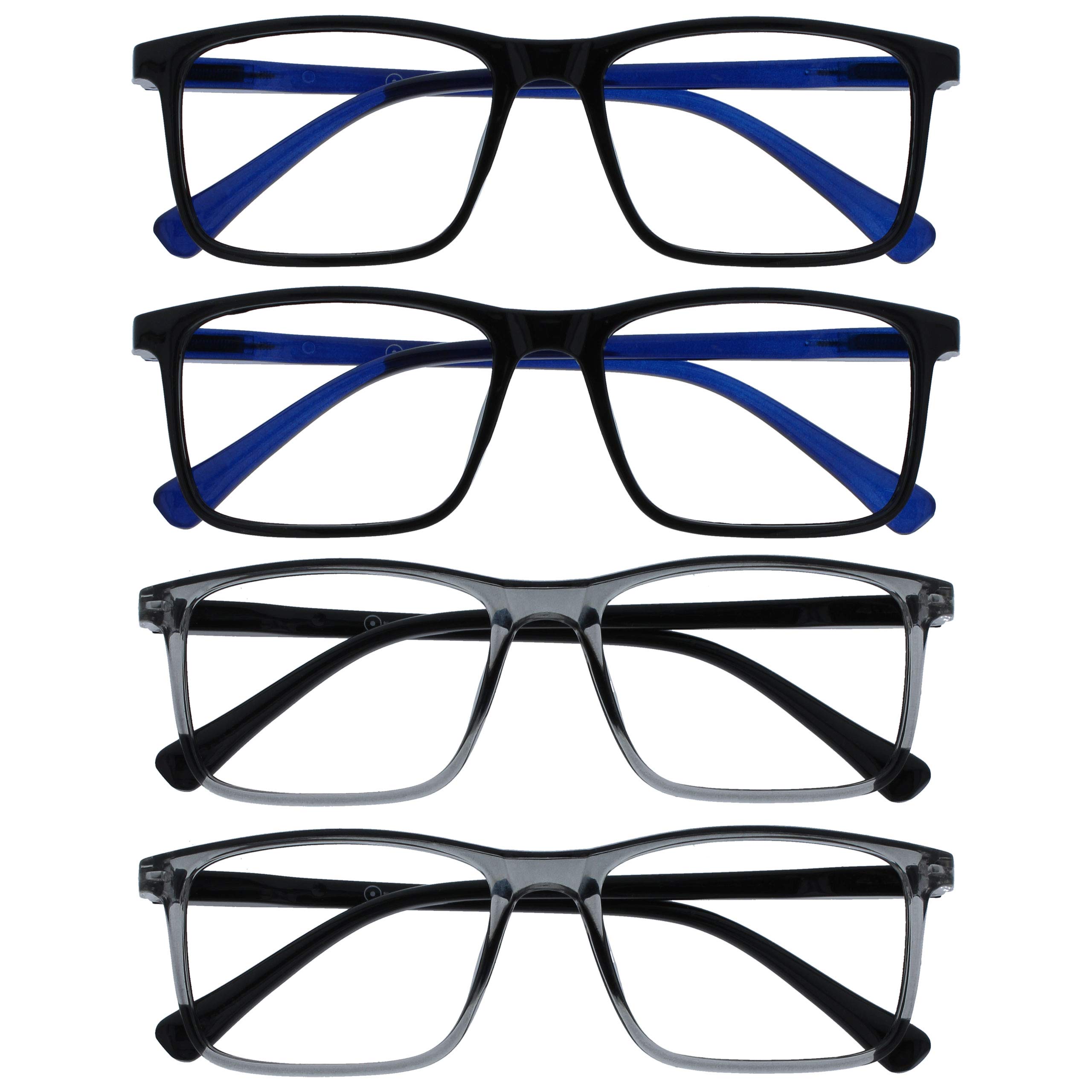 OPULIZE INK Reading Glasses - Value 4 Pack - Large Rectangular Frame - Spring Hinges - Scratch Resistant - Black Grey - Mens Womens +2.00