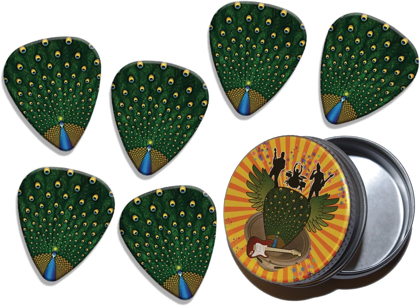 Peacock Feathers 6 X Logo Guitar Picks & Stash Tin (GD)