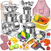 Kids Pretend Play Kitchen Toys Accessories Set, 32 Items Stainless Steel Toy Pots and Pans Sets w/Rack Organizer, Metal Cooki