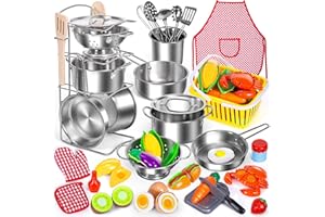 PEAINBOX Kids Pretend Play Kitchen Toys Accessories Set, 32 Items Stainless Steel Toy Pots and Pans Sets w/ Rack Organizer, Metal Cooking Utensils & Apron, Play Food w/ Basket for Kids Girls Boys Toddlers