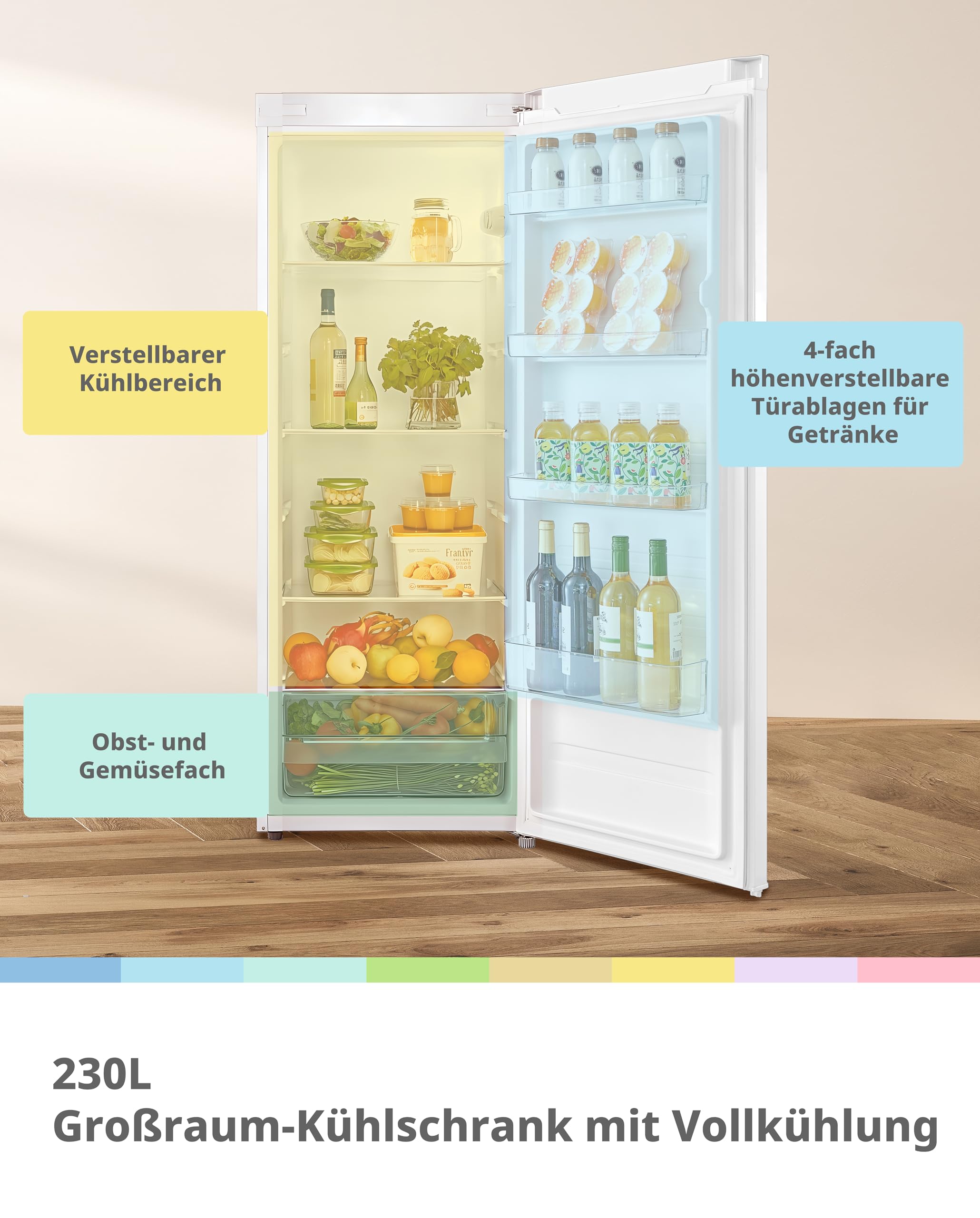 Comfee RCD235WH2EU(E) Kühlschrank, 230L Kühlschrank ohne Gefrierfach, 40 dB leise, LED-Licht, 1–10°C einstellbar, wechselbarer Türanschlag, Mehrfach-Glasablagen, Obst- & Gemüseschublade, Weiß 3