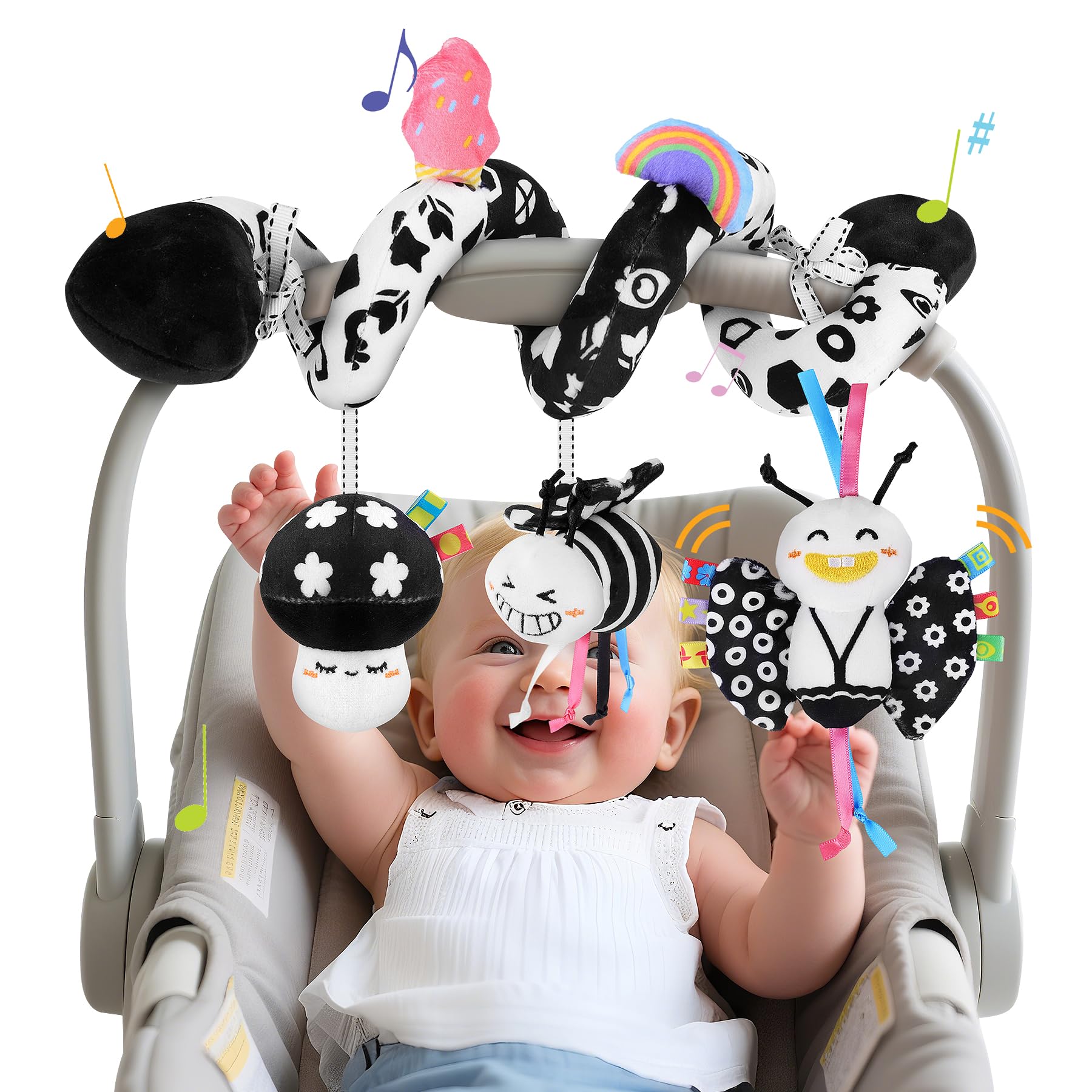 Zendstanding Spiral Car Seat Toys for Babies, 0-6 Months Stroller Pram Activity Hanging Toys High Contrast Black and White Sensory Toy, Newborn Soft Plush Travel Toy for Boys Girls