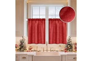 MIULEE Christmas Linen Cafe Curtains 36 Inch Length for Kitchen Bathroom Over Sink 2 Panels, Farmhouse Rod Pocket Short Semi Sheer Light Filtering Tier Curtains for Small Half Window W26XL36, Red