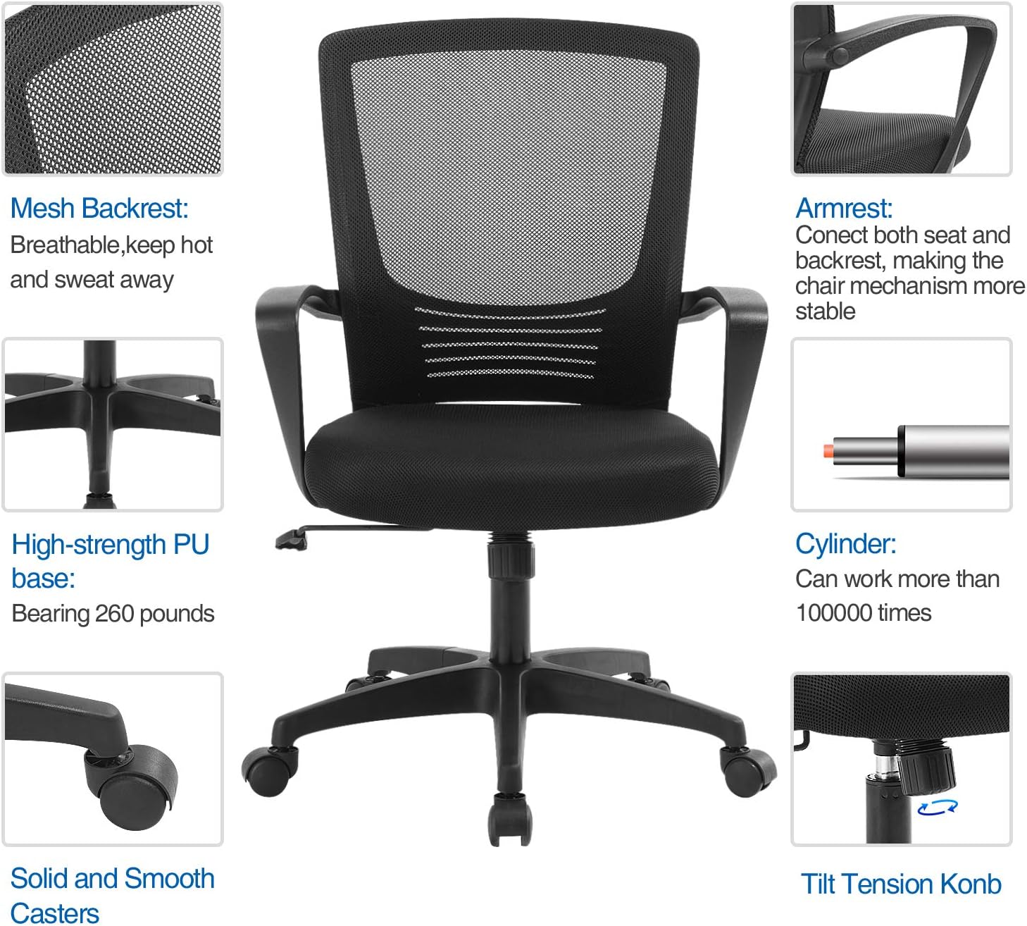 ZLHECTO Ergonomic Office Chair,Mid Back Mesh Chair Black,Computer Desk Chair with Adjustable Height and Mesh Rocking Back,Weight Hold Up to 250Ibs-Adjustable Chair for Conference Room-5 Years Warranty: Kitchen & Dining