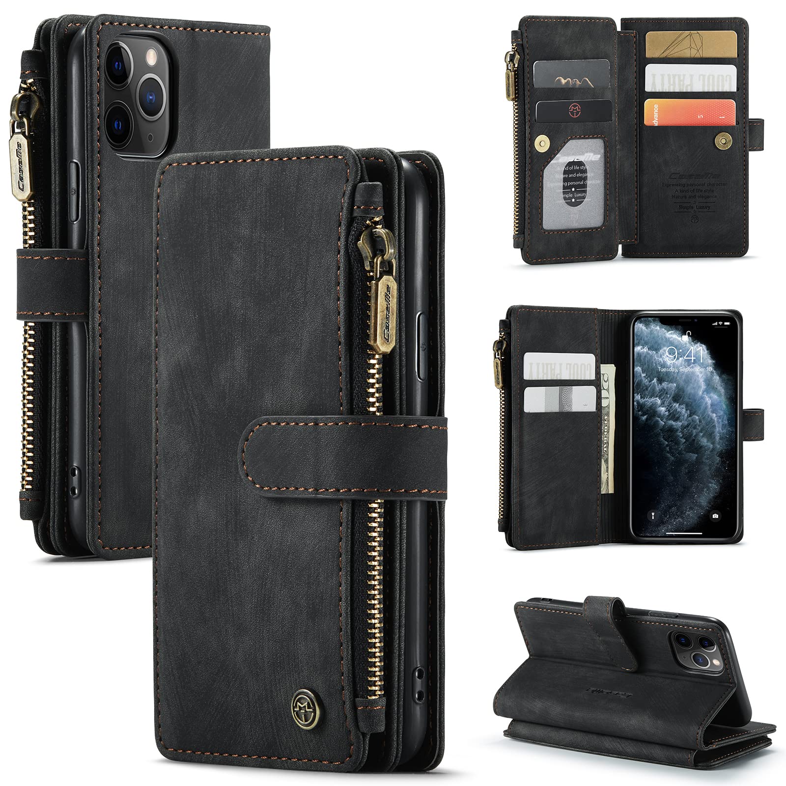UFinetech Case for iPhone 11 Pro, Shockproof Card Holder Wallet Cover iPhone 11 Pro (5.8”), Anti-scratch Flip Folio Magnetic Closure Built-in Stand Leather Soft TPU Slim Durable Camera Protector,Black