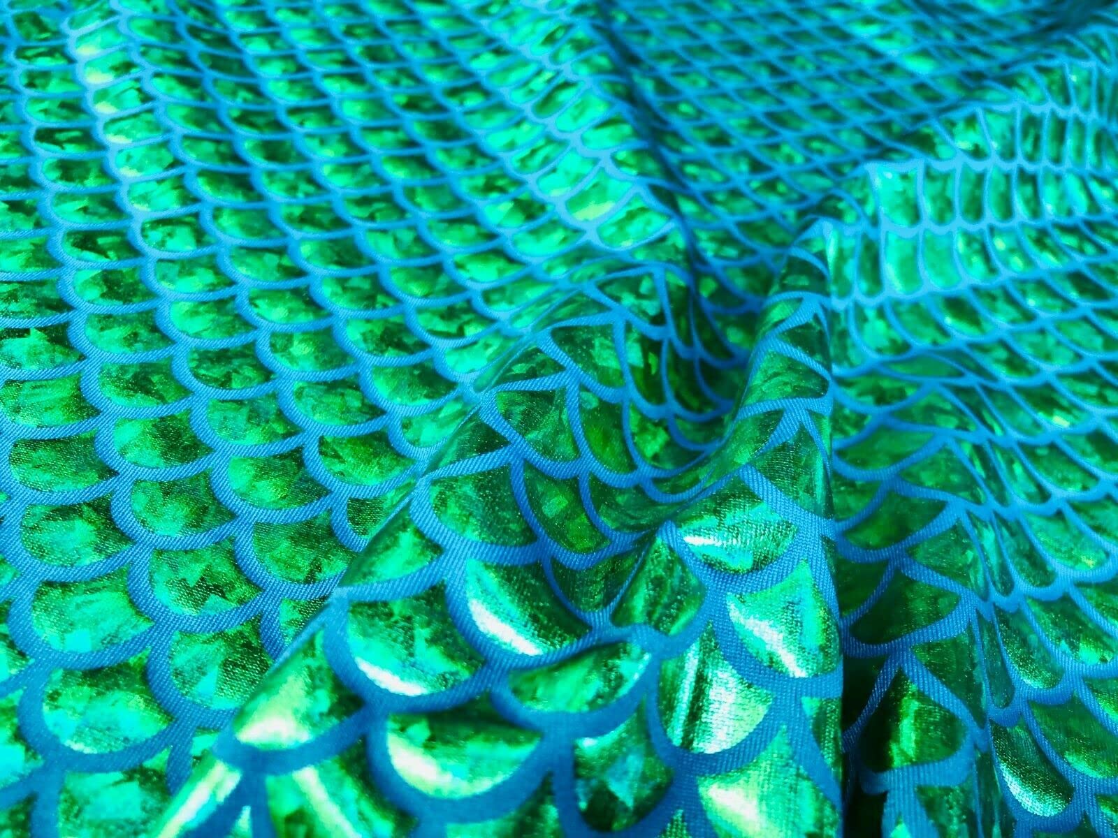 LushFabric Mermaid Scale Print Fabric Fish Tale Scales Foil - 2 Way Stretch Material Lycra Spandex - Bikini, Costume, Dress, Decor - 145CM Wide (1 METRE, Green & Blue)