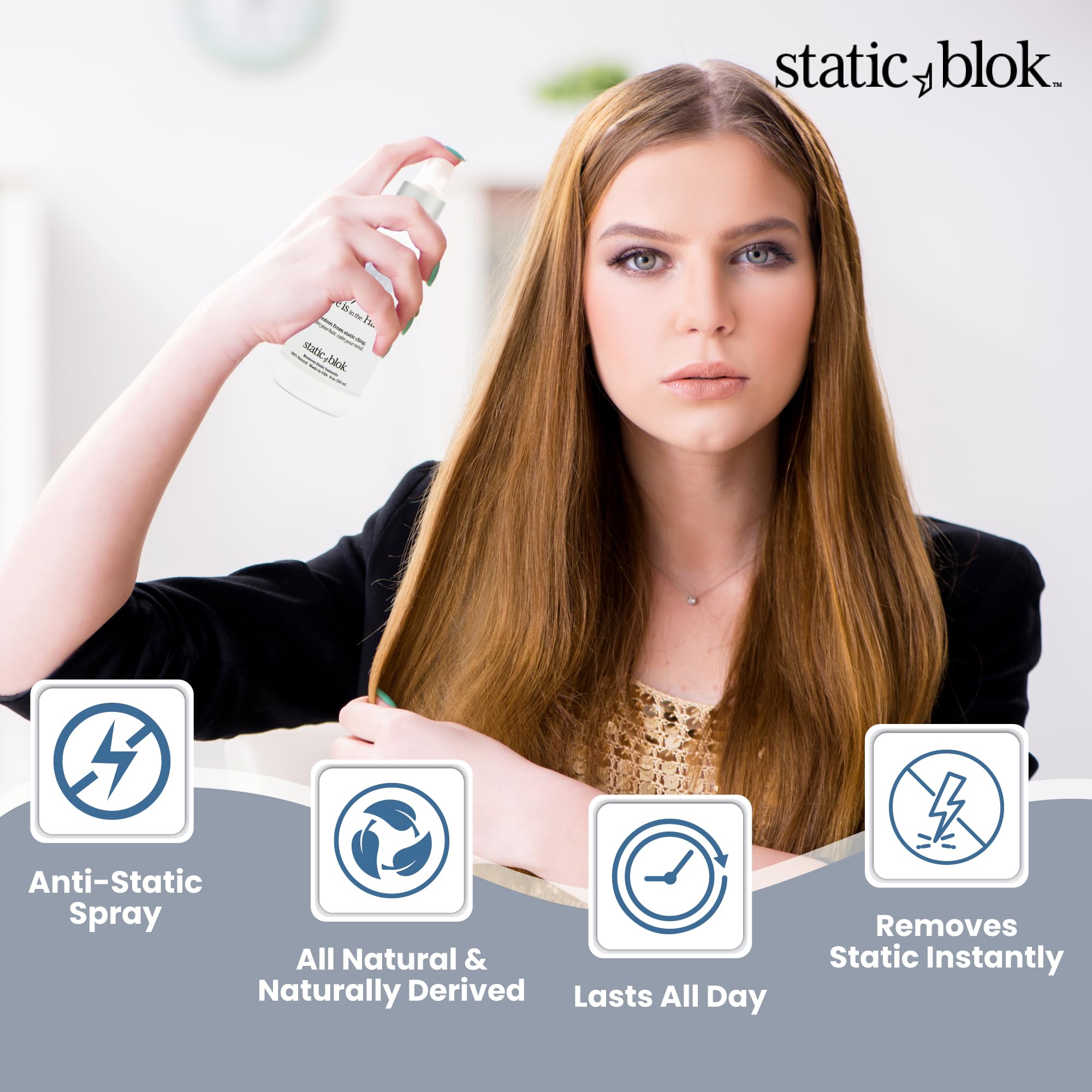Static Blok Anti-Static Spray for Hair - Instantly Eliminate Static Cling, Shocks, Flyaways - Long-Lasting All-Day Freshness - works on Natural and Synthectic Wigs - 8oz