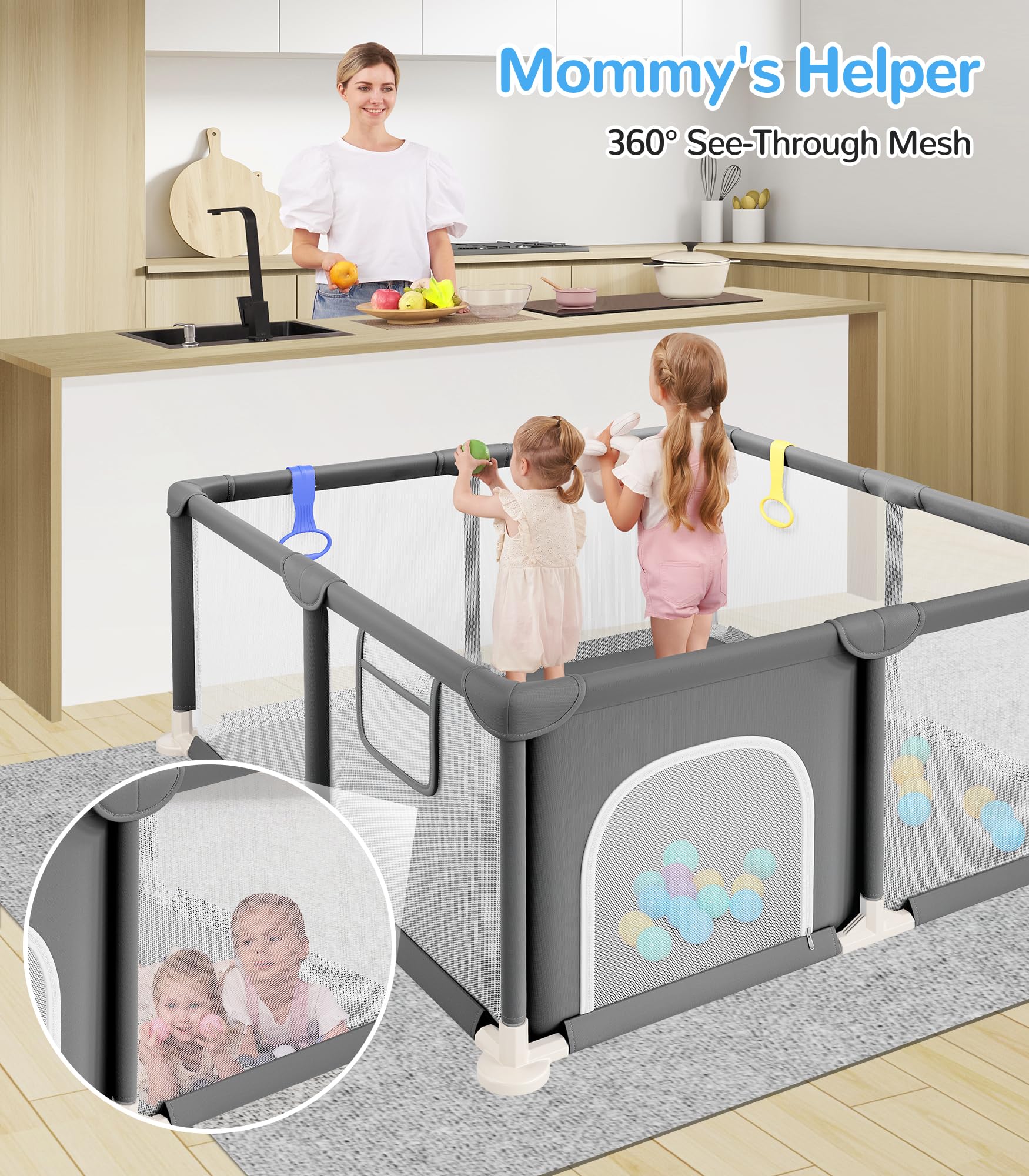 Dripex Baby Playpen, 47×47 Inch Small Playpen for Babies, Enhanced Safety Baby Play Yard for Indoor & Outdoor, Infant Play Pen with Soft Breathable Visible Mesh, Anti-Fall Design & Easy Setup, Grey