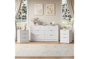 NOVAMAISON 7 Drawer Dresser & Nightstand Set, 3-Piece White Fluted Dresser and Night Stand Set of 2 with Metal Handle, Modern Wood Chest of Drawers Storage Dressers Set for Bedroom, White