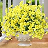 Artificial Flowers for Outdoors 12 Bundles Realistic Faux Plants UV Resistant Fake Silk Morning Glory with Eucalyptus for Front Door Planter Patio Porch Outside Spring Summer Decoration (Yellow)