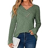 Glamaker Women's Fall Long Sleeve V Neck Tunic Tops Lightweight Button Casual Soft Loose Blouse Sweatshirts