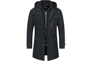 CREATMO US Men's Classic Pea Coat Wool Blend Trench Coat Windproof Business Overcoat With Detachable Hood