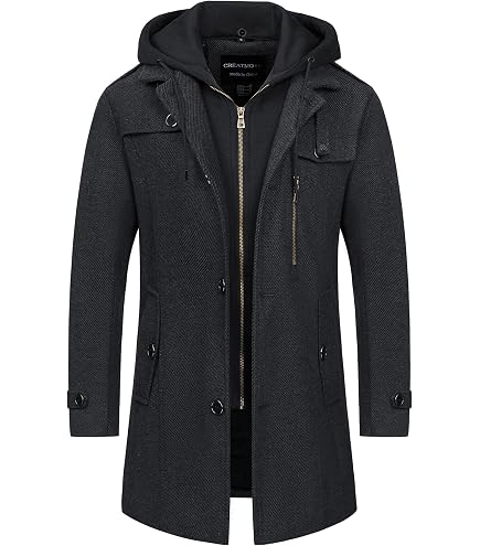 ZIWOCH Mens Trench Coat Wool Blend Hoodie Long Jacket Full Zip
