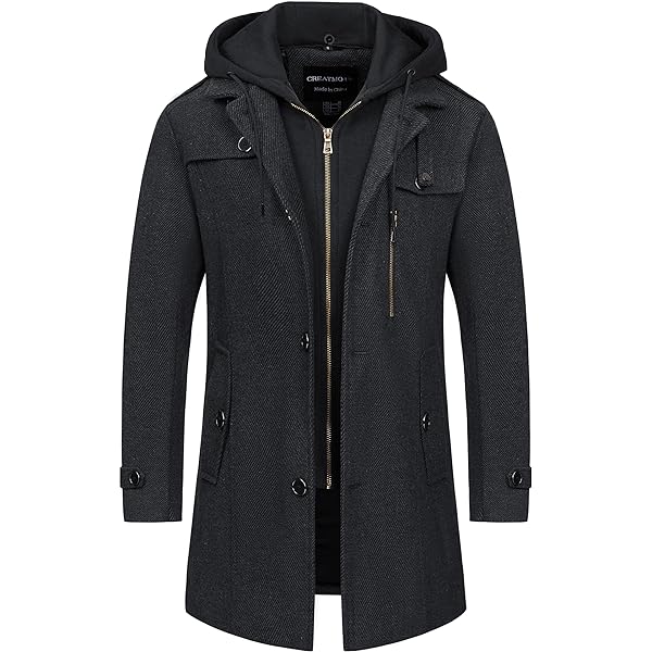 INVACHI Men's Wool Blend Coat Double Collar Trench Coat Single