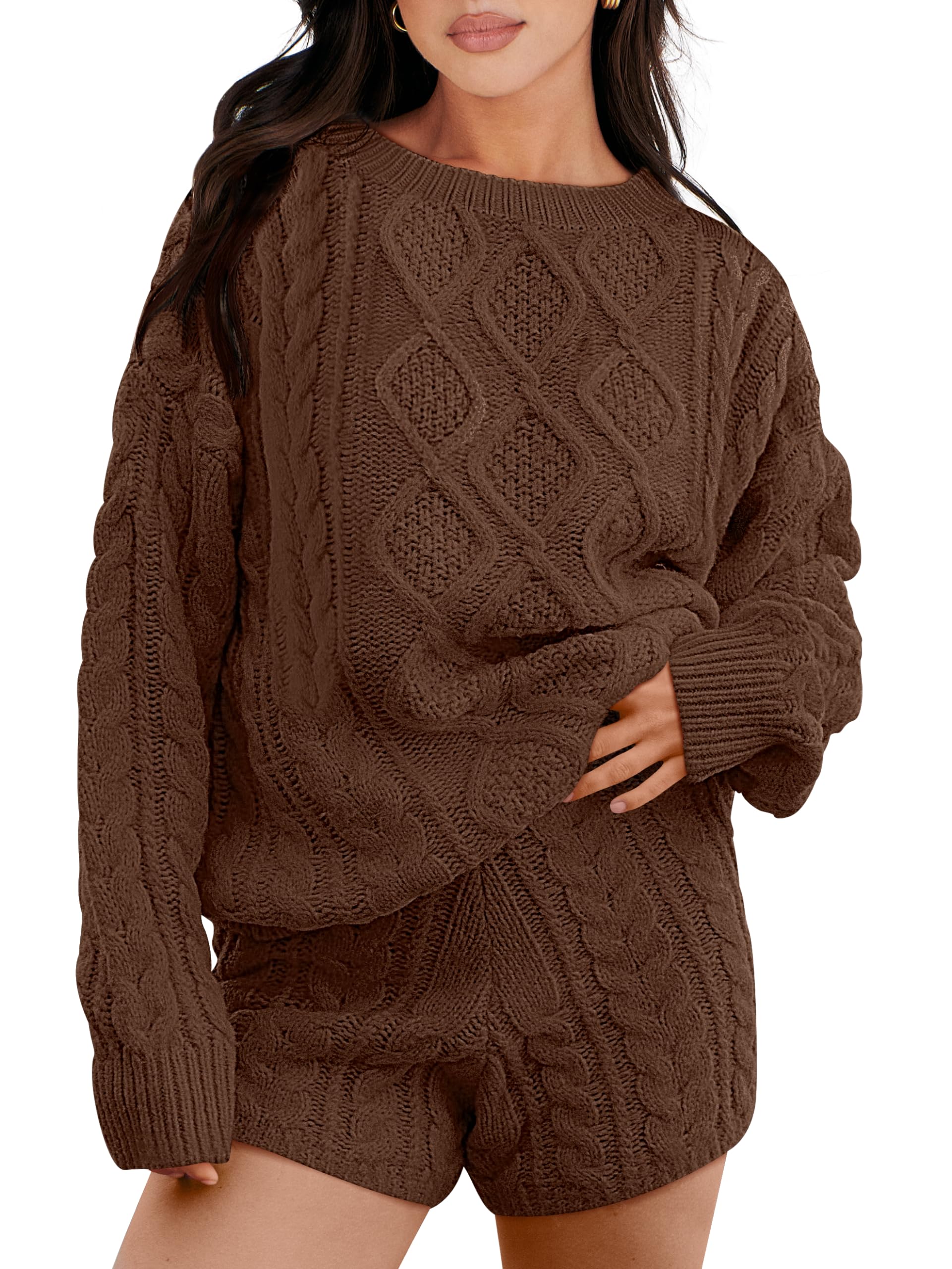 Photo 1 of (please see all images) ANRABESS Women 2 Piece Outfits Sweater Lounge Loungewear Sets 2025 Winter Cable Knit Oversized Sweaters Shorts Matching Sets apricot Medium