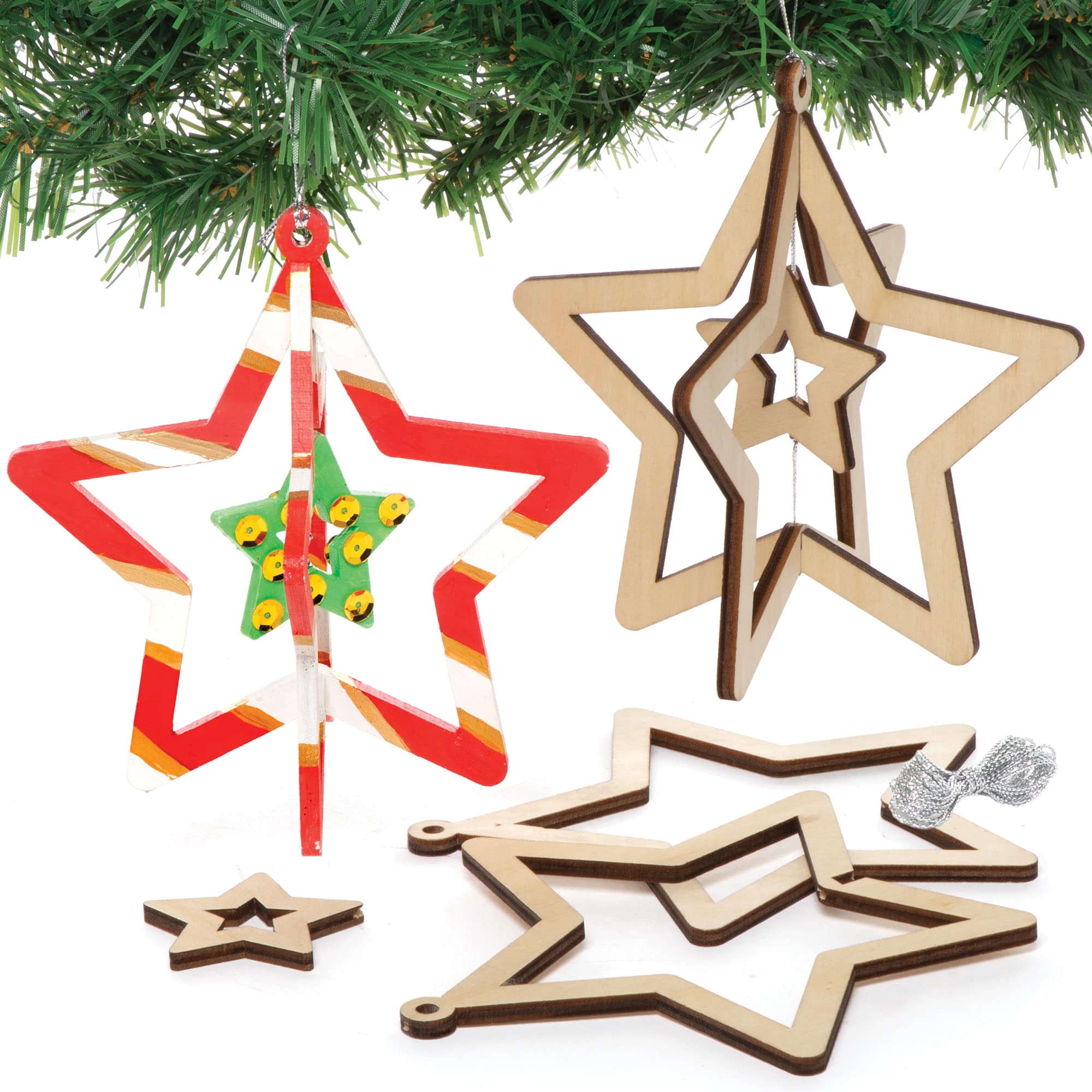 Baker Ross FE785 Star Wooden Spinning Decoration Kits - Pack of 4, Wood Crafts for Children to Decorate and Display, Make Your Own Ornament for Kids Arts and Crafts