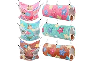 Sweetude 6 Pcs Rat Hammock Set Ferret Hanging Tunnel 3 Tier Guinea Pig Hammocks Hideout Soft Chinchilla Bed for Cage Accessories Hide,Play and Sleep(Dreamy,Star)
