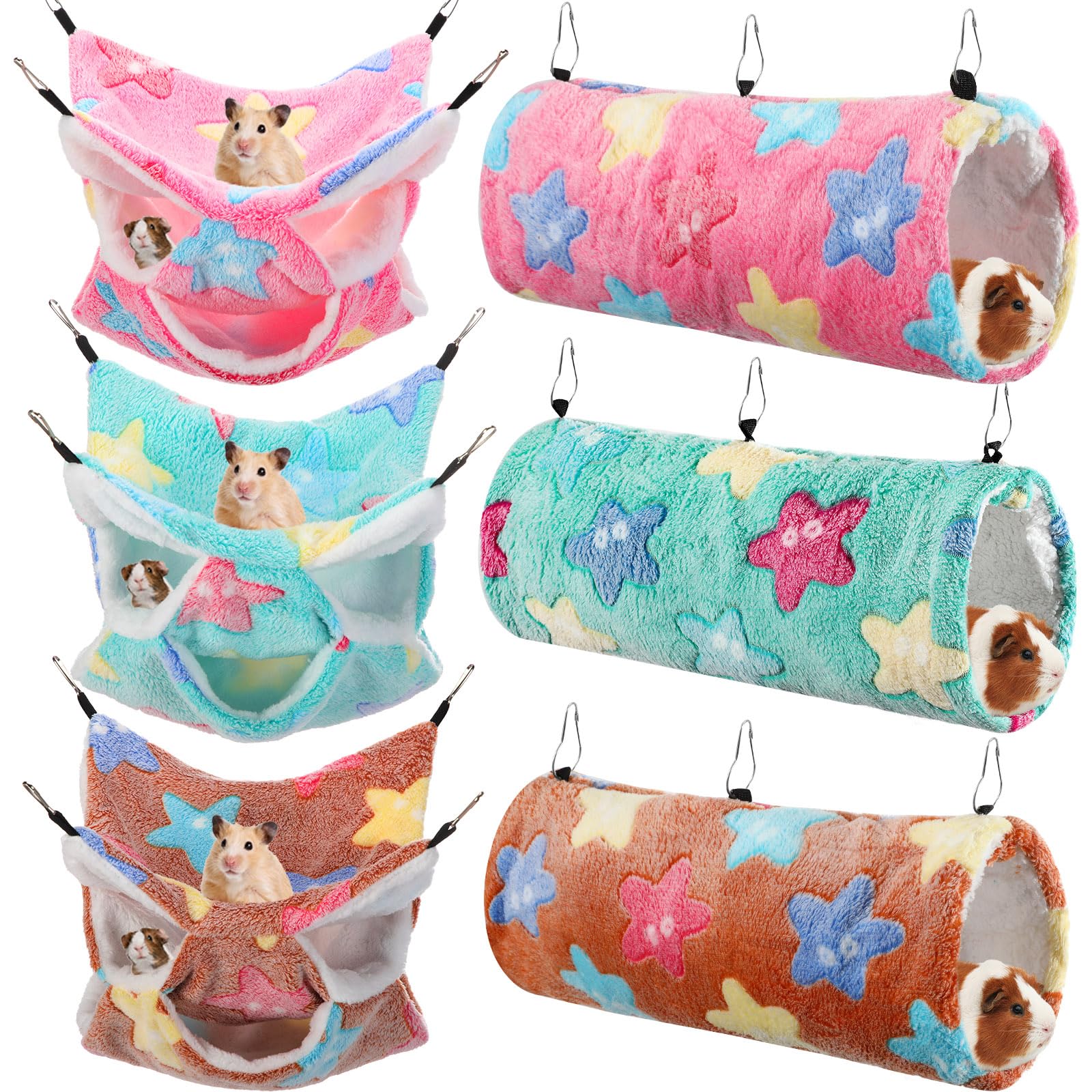 Photo 1 of Sweetude 6 Pcs Rat Hammock Set Ferret Hanging Tunnel 3 Tier Guinea Pig Hammocks Hideout Soft Chinchilla Bed for Cage Accessories Hide,Play and Sleep(Dreamy,Star)