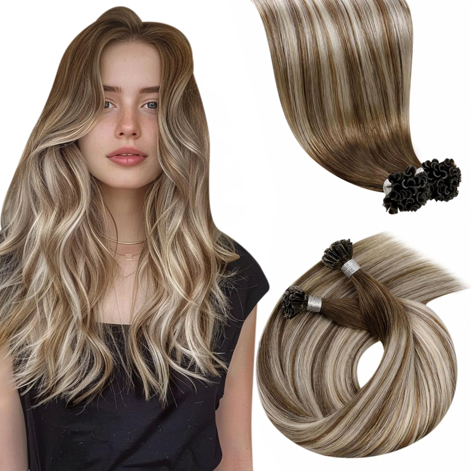 LaaVoo Real Hair Extensions U Tip Human Hair Blonde, Remy Straight Balayage Light Brown to White Blonde Real Human Hair Extensions, Hot Fusion for Invisible & Stable 50s 50g 18 Inch #8/60/8 — image 1