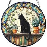 LIANGEAGOM Black Cat Stained Glass Window Hanging, Book Lovers Suncatchers Sun Catchers Indoor Window Glass Wall Art Decorations, Book Reader Gifts, Black Cat Round Wall Hanging Decor, 7.9x7.9in