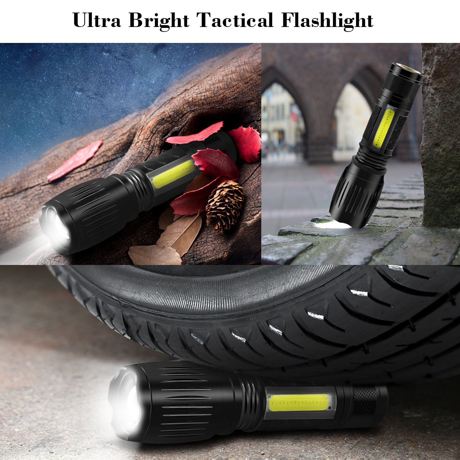 Tactical Flashlight 2 pack, WdtPro Military Tac light Pro Flashlights with Magnetic Base, COB LED Lantern, 6 Modes and Zoom Function, Best LED Flashlight Waterproof Lantern+Flashlight in-1 for Camping