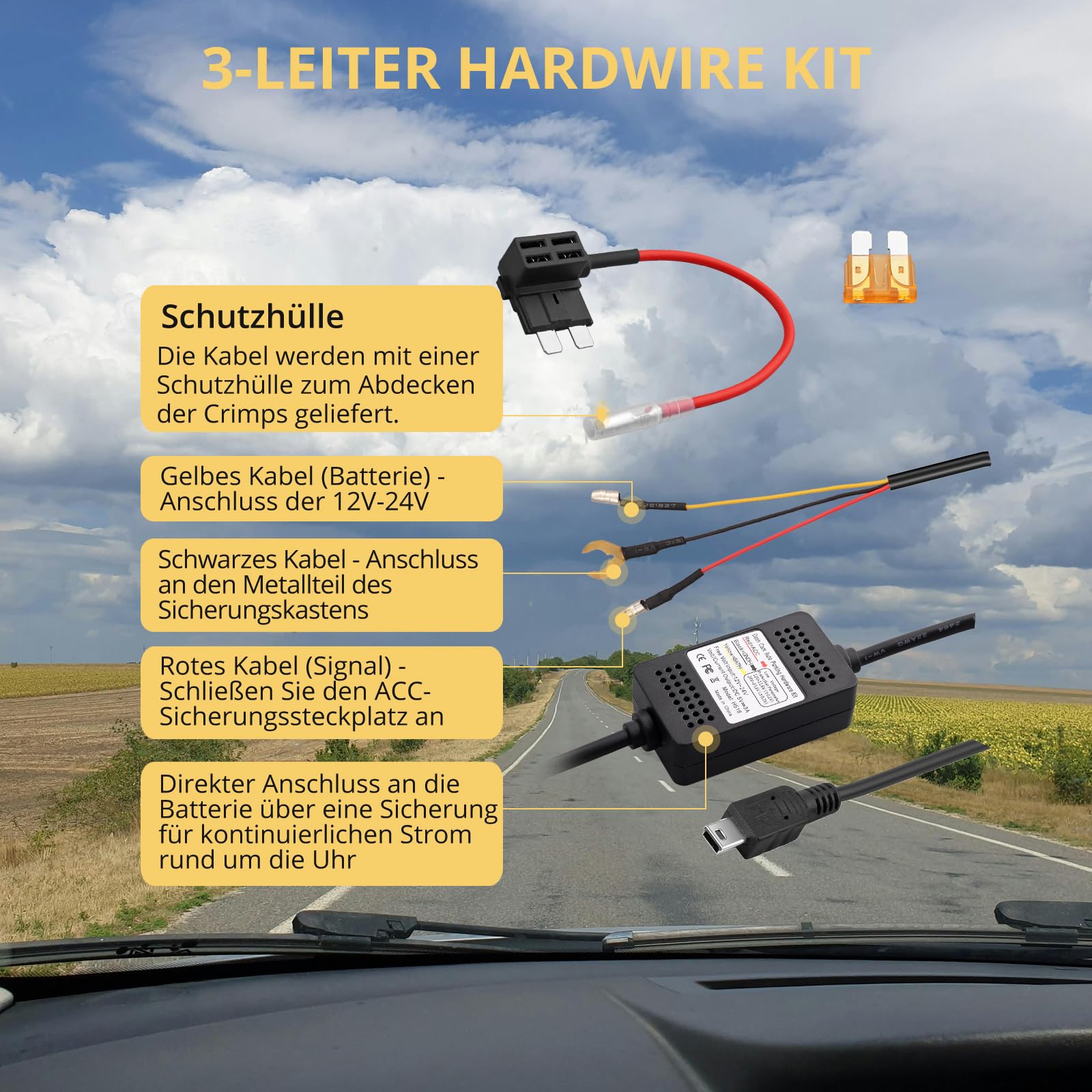 Hardwire Kit Harter Draht Satz für Autokamera Dashcam 11.5ft 12V 24V zu 5V 3