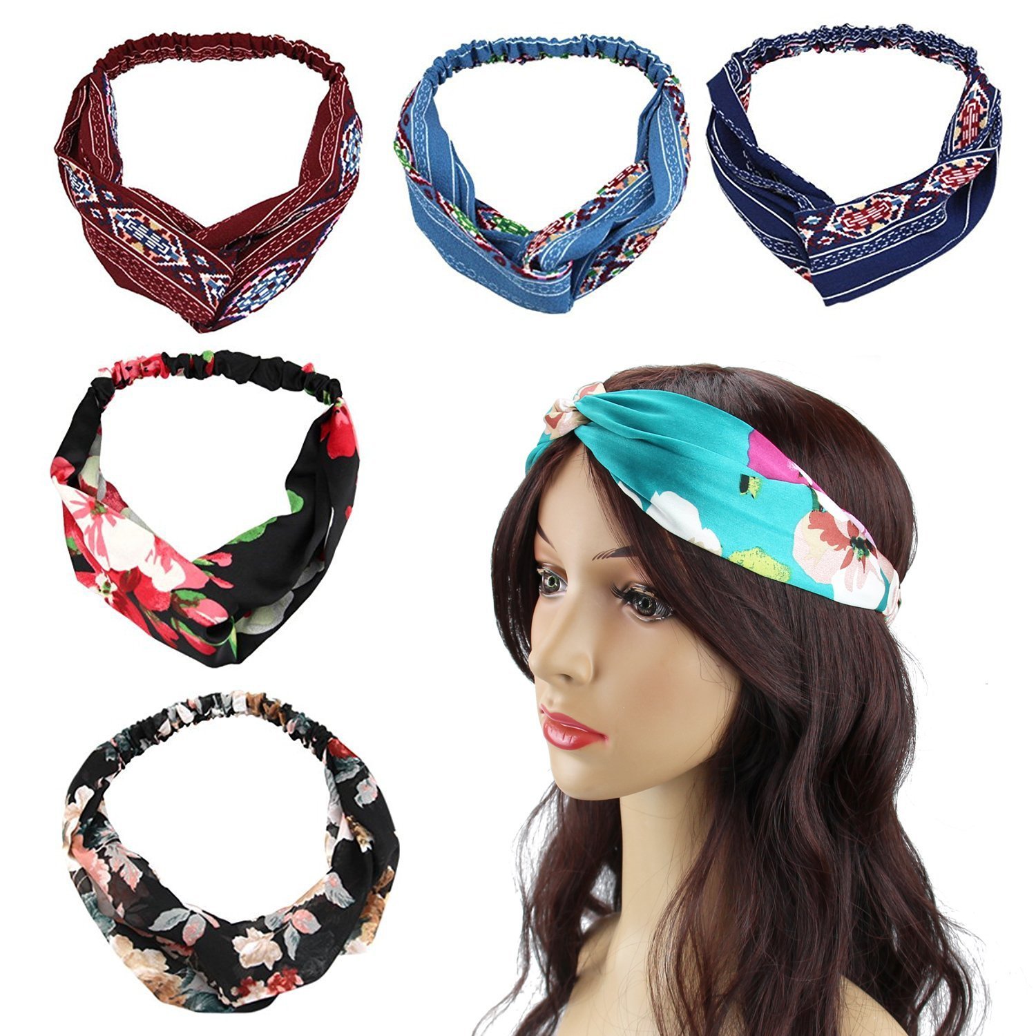 Beautyer 6Pcs Women Headband High Elastic Head Wrap Classical Retro Style Printed Twisted Hair Bands (6pcs)
