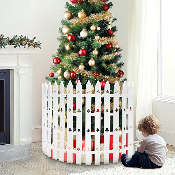 24″ EXTRA TALL FENCE FOR CHRISTMAS TREE,12PCS WHITE PICKET FENCE GATE BARRIER WITH SNOWFLAKES&TREE PATTERNS CHRISTMAS TREE GATE FOR PETS(24″ H X 5″ W EACH)