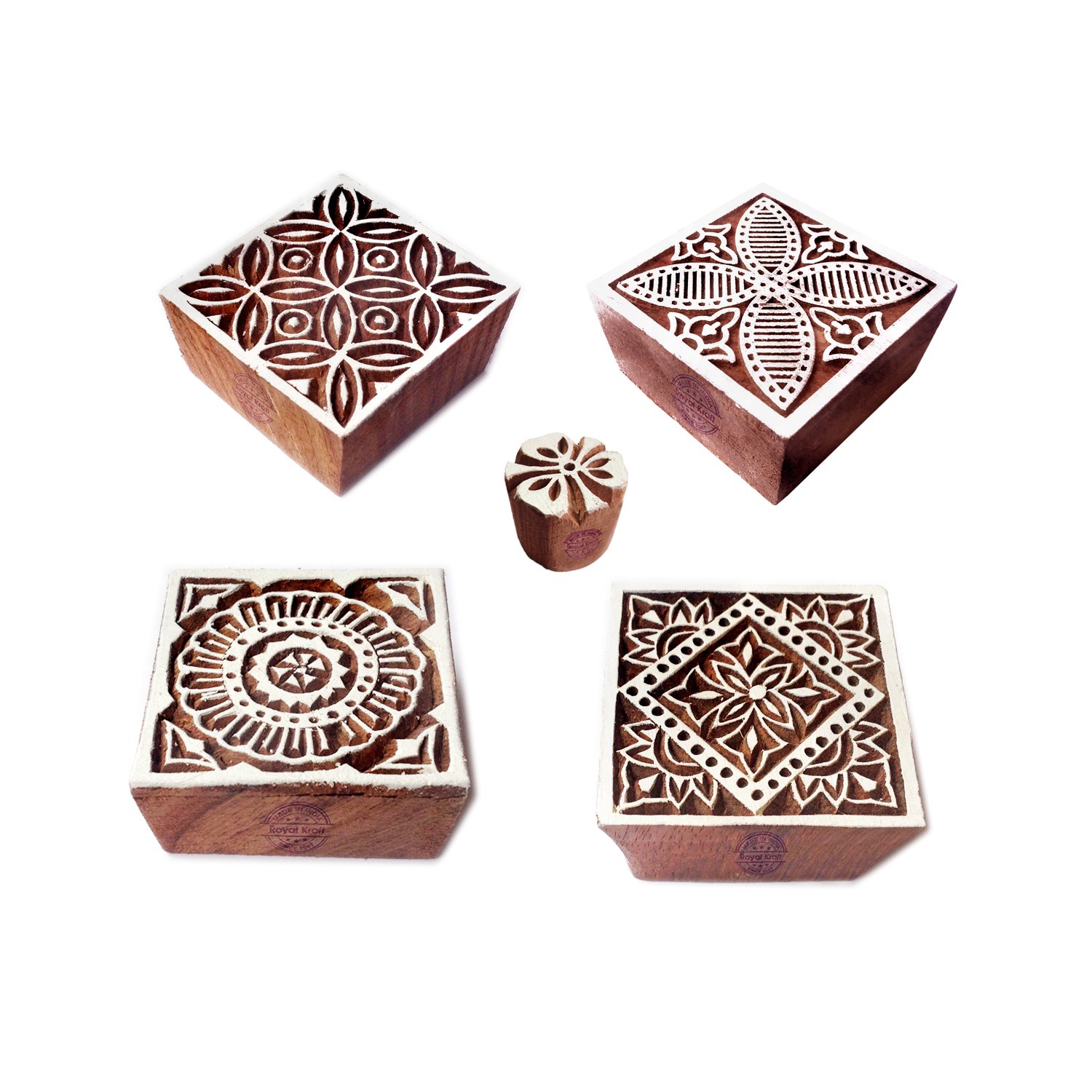 Fabric Print Stamps Crafty Square Floral Shape Wooden Blocks (Set of 5)