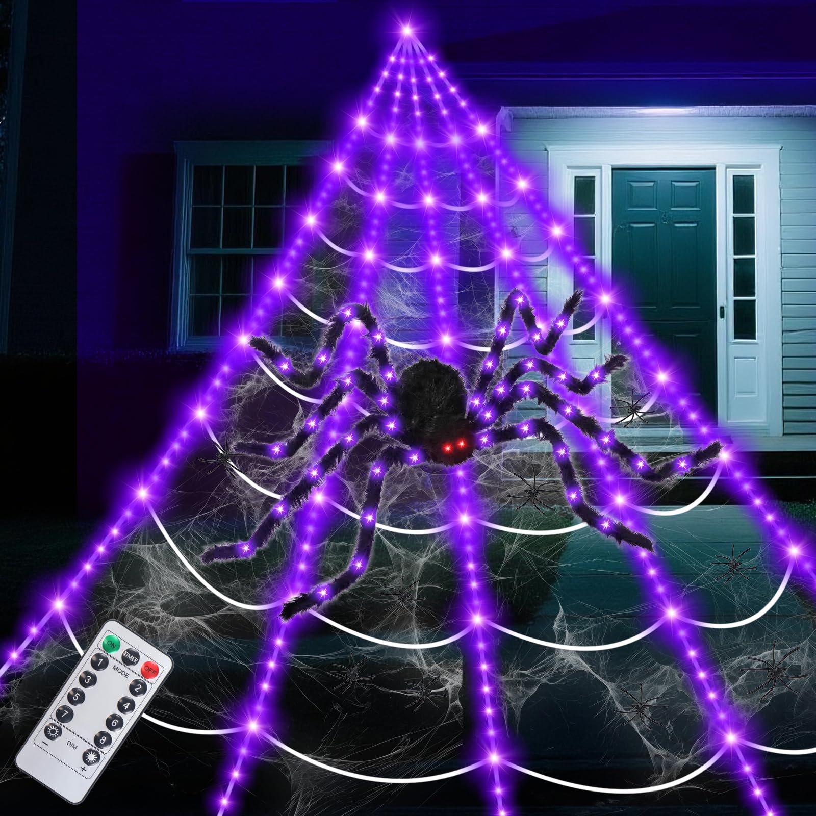 Photo 1 of 16.4 X 15.8Ft Giant Spider Web Halloween Decorations with 250 LED Lights, Halloween Spider Web Outdoor with 5Ft Large Spider, 3.53 Oz Stretch Web and 20 Small Spiders for Yard House Party Decoration