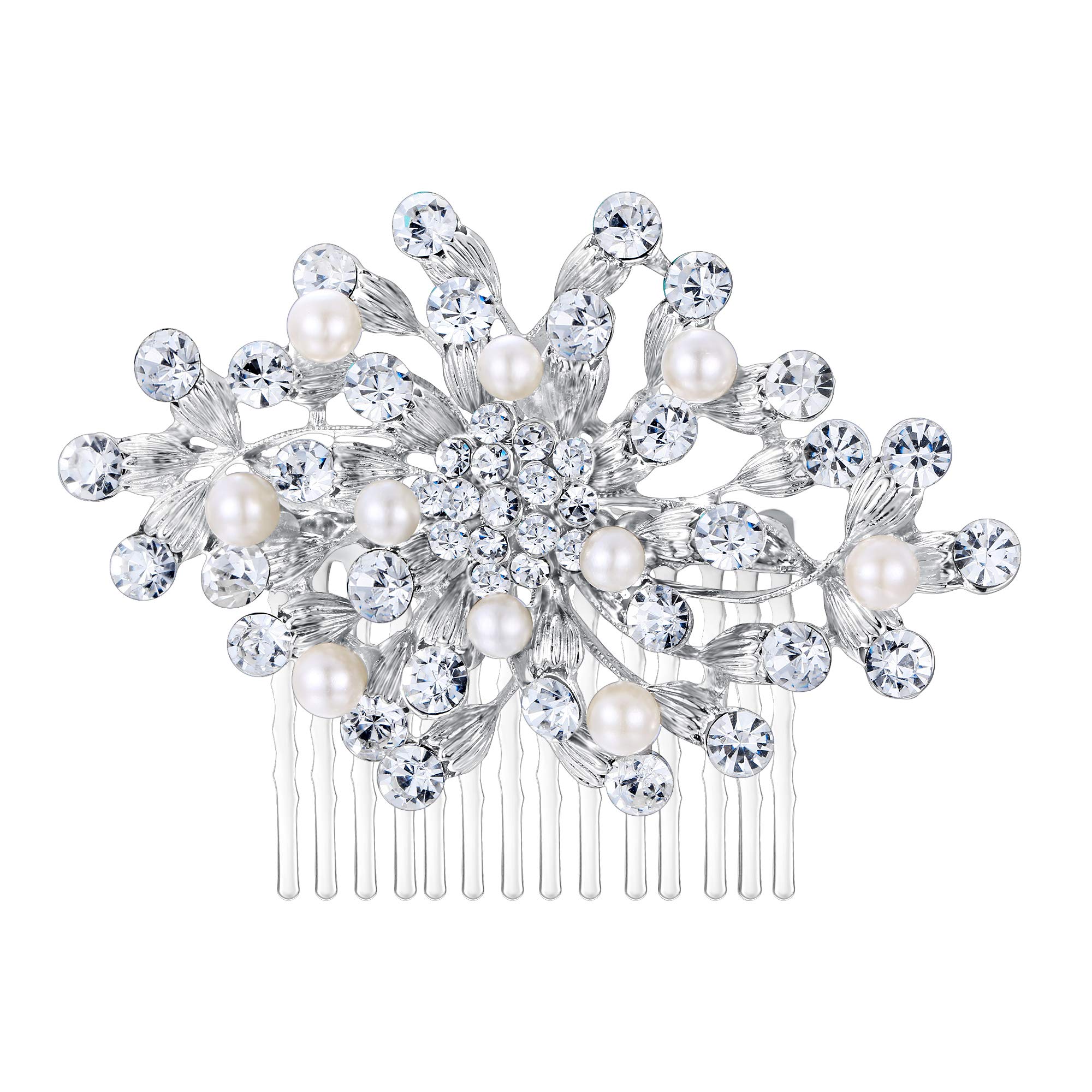 Ever Faith Women's Crystal Cream Simulated Pearl Floral Leaf Hair Comb Clear Silver-Tone for Wedding Party Prom