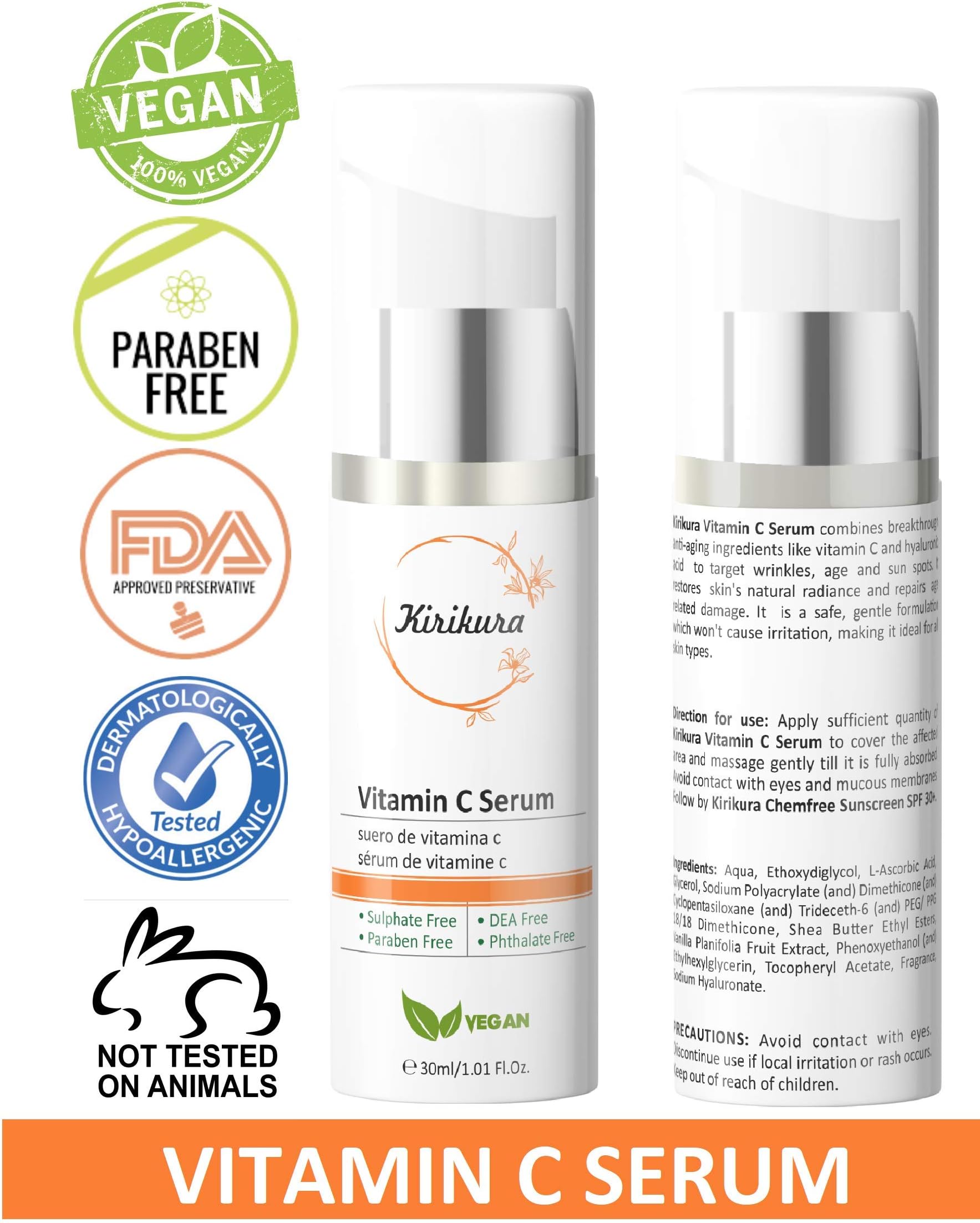 KIRIKURA Vitamin C 25% Vegan, Anti Ageing Serum with Ferulic Acid, Vitamin E, Hyaluronic acid for Fine Lines, Wrinkles, Brightening, Revitalize & Rejuvenates, 1.01 fl.oz.