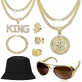 Vegolita 80s 90s Accessories Outfit for Men Dollar Sign Ring Necklace Fake Gold Chain Rapper Party Hip Hop Costume Kit