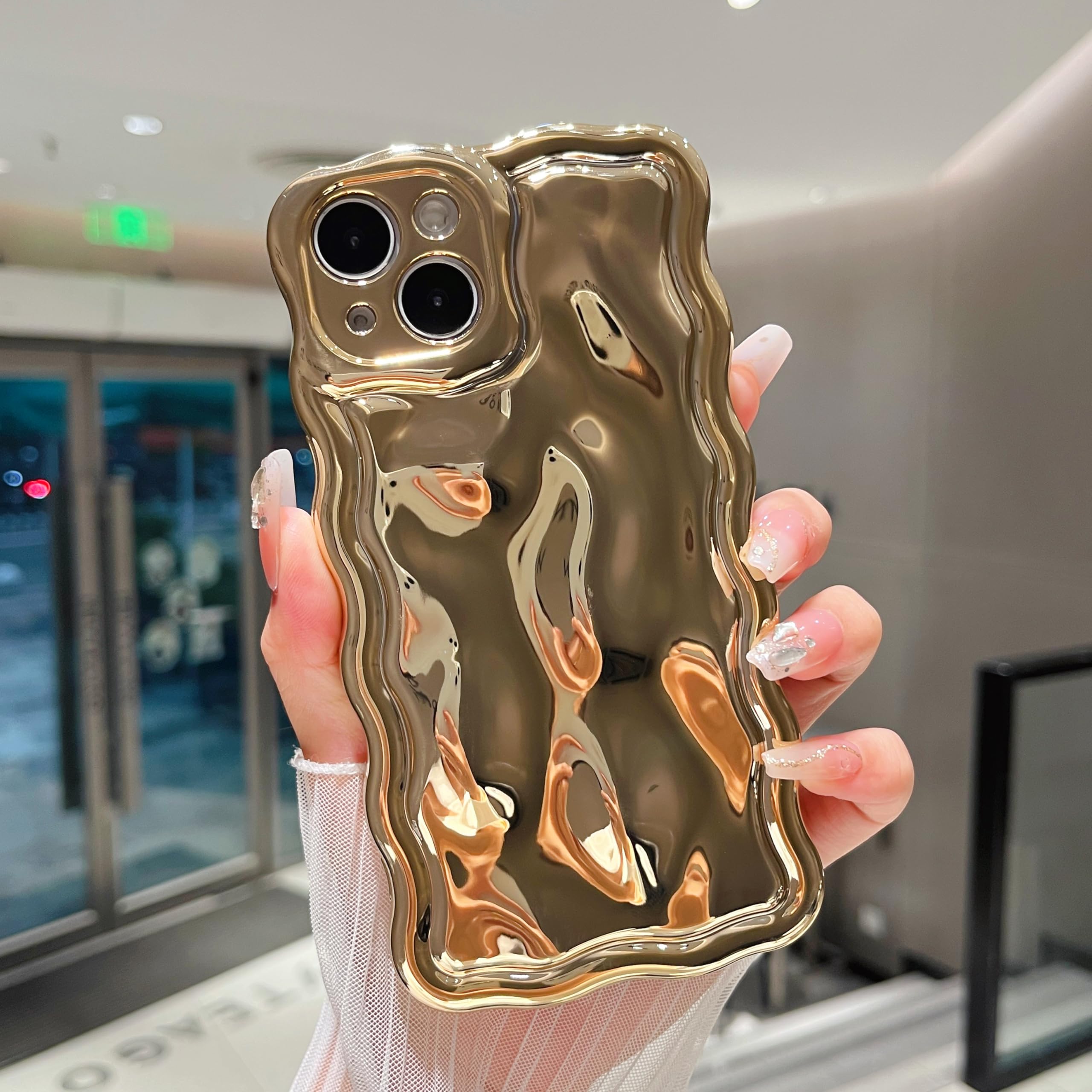 ZTOFERA Wavy Case for iPhone 12, Cute Wave Frame Shiny 3D Ripple Electroplating Design Protective Phone Case Soft TPU Bumper Shockproof Cover for Girls Women, Gold — image 1