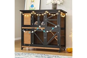 TIMHAKA 2 Story Rabbit Cage with Run, 47.3" Indoor & Outdoor Rabbit Hutch, Bunny Cage for Guinea Pig, Wooden Design with 2 Removable Tray, Waterproof Roof & 4 Metal Wheels for Small-Medium Animals