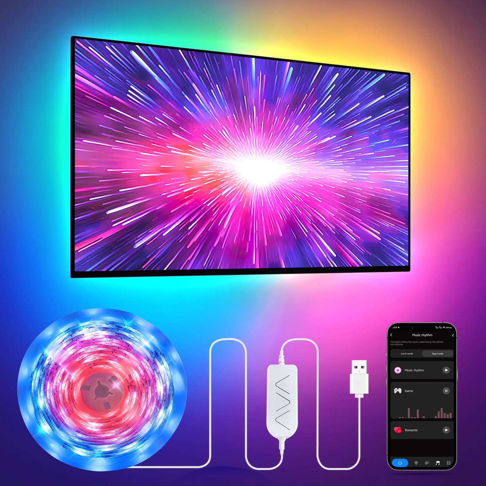 Photo 1 of 26.25ft RGB+IC LED Strip Lights for 75-100 Inch TV, Backlight Behind TV with Music Sync, Bluetooth APP & Voice Control, 44 Scene Modes, Ambient Lighting for Gaming, Bedroom, Living Room, Mood Lighting
