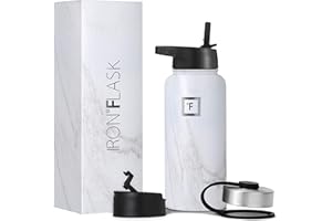 IRON °FLASK Camping & Hiking Hydration Flask with 3 Lids - Stainless Steel, Double Walled & Vacuum Insulated Water Bottle - Leak Proof & BPA Free (Carrara Marble, Straw - 32 oz)