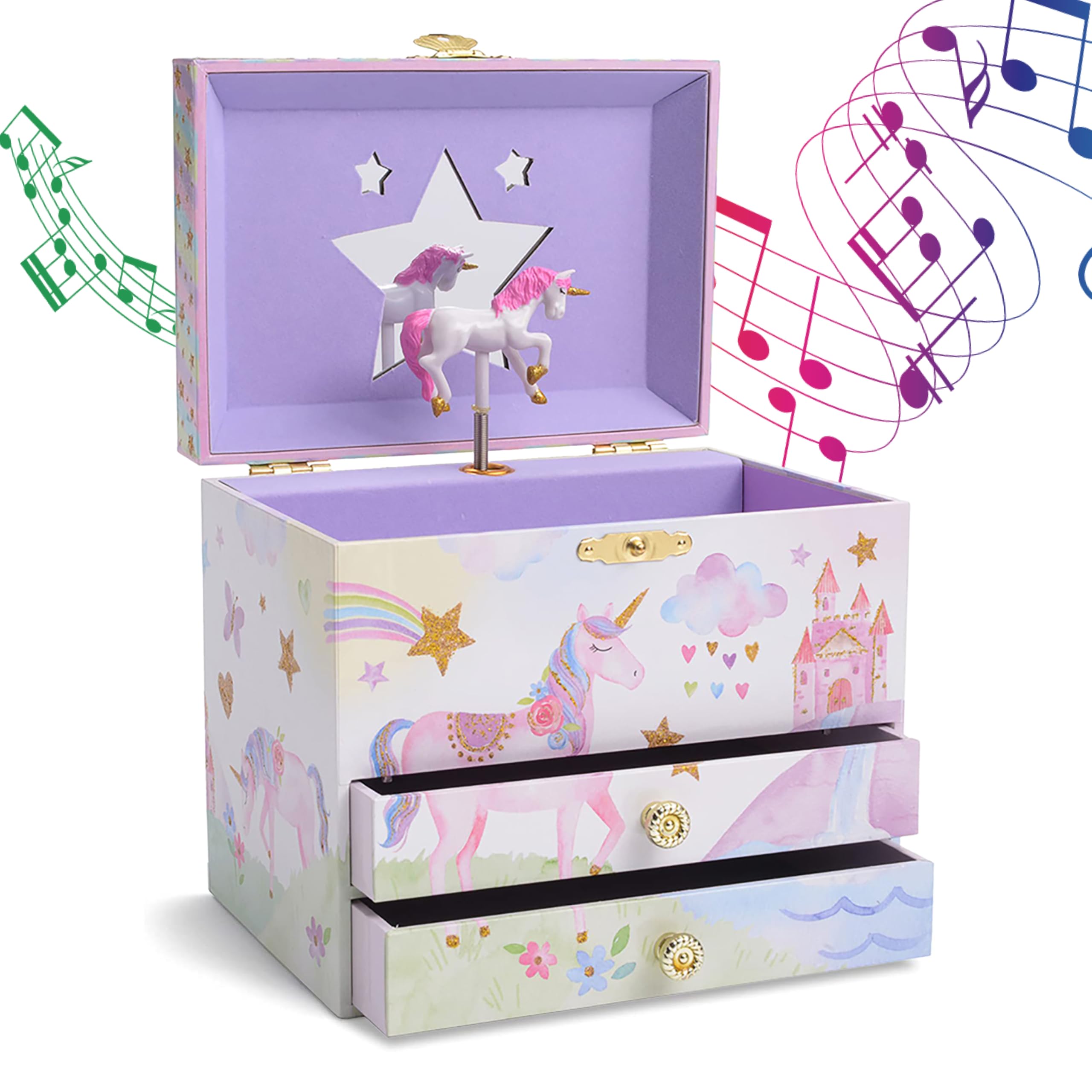 Jewelkeeper Unicorn Jewellery Box for Girls with 2 Pull-out Drawers, Glitter Rainbow and Stars Unicorn Design, The Beautiful Dreamer Tune - Store Your Precious Items - Ideal for Girls Ages 3 and Up