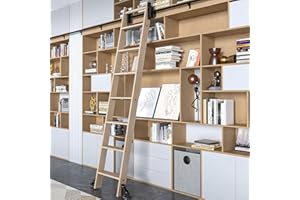 LKCBITION 87inch Heavy Duty Oak Wood Ladder with 4ft Telescoping Top Rollers & Bottom Brake Wheels Sliding Hardware, Rolling Library Ladder for Loft, Attic, Bookshelf