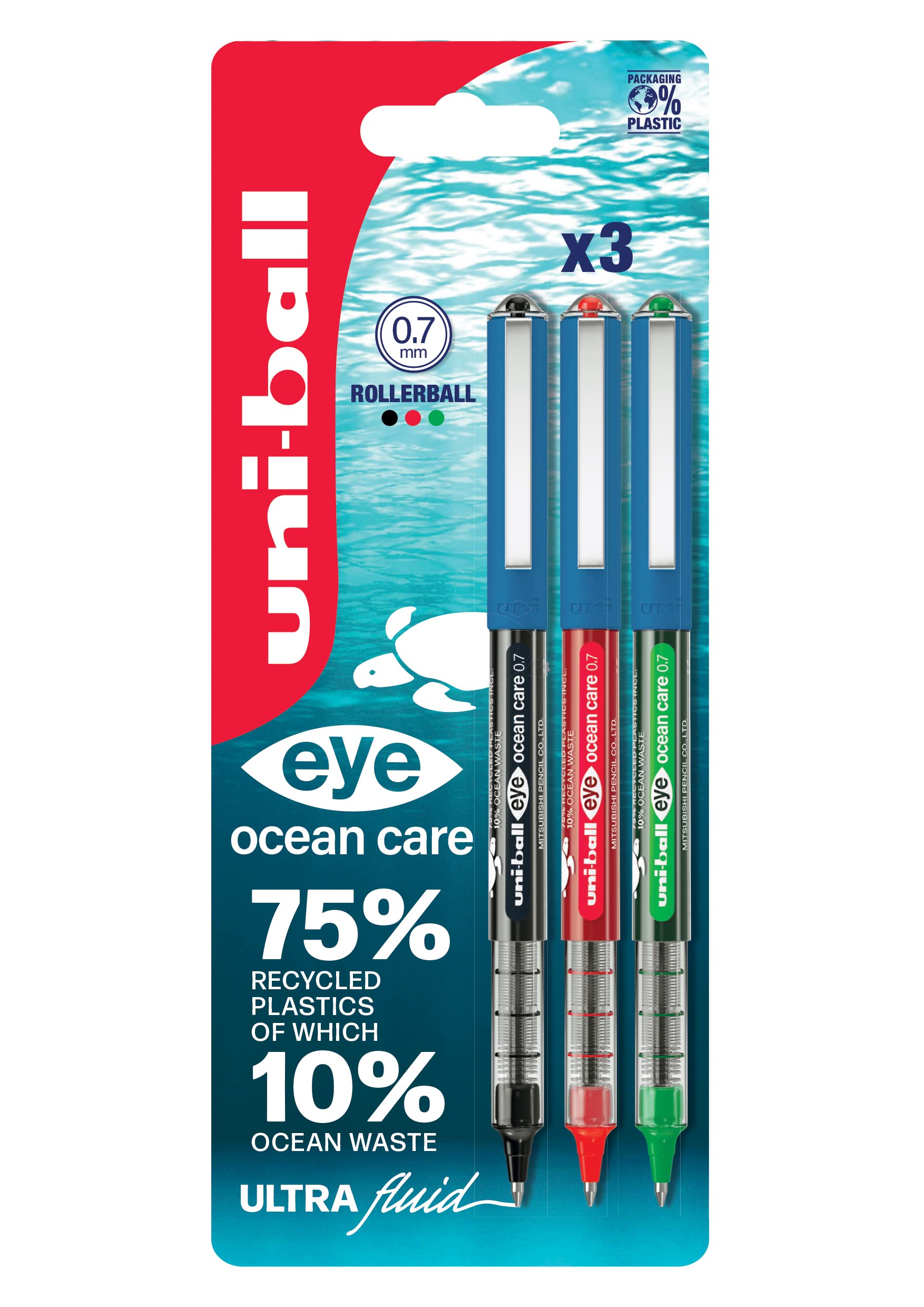 uni-ball Eye Ocean Care UB-157ROP Rollerball Pens. Fine 0.7mm Ballpoint Tip for Smooth Writing, Drawing, Art & Colouring. Fade and Water Resistant Liquid Uni Super Ink. 3 Pack Black, Red, Green — image 1